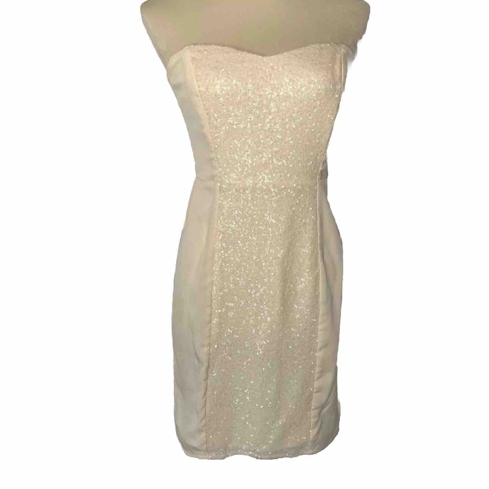 MM Couture Miss Me Dress Small Cream Strapless Ruched Sequins‎ Graduation